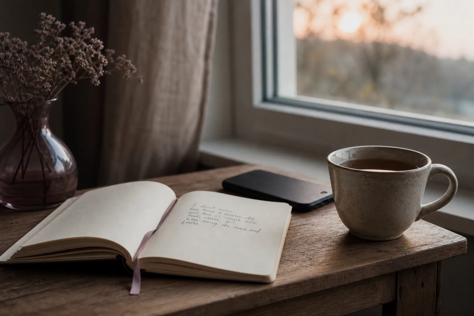 Tea, notebook, and candle before a hard talk