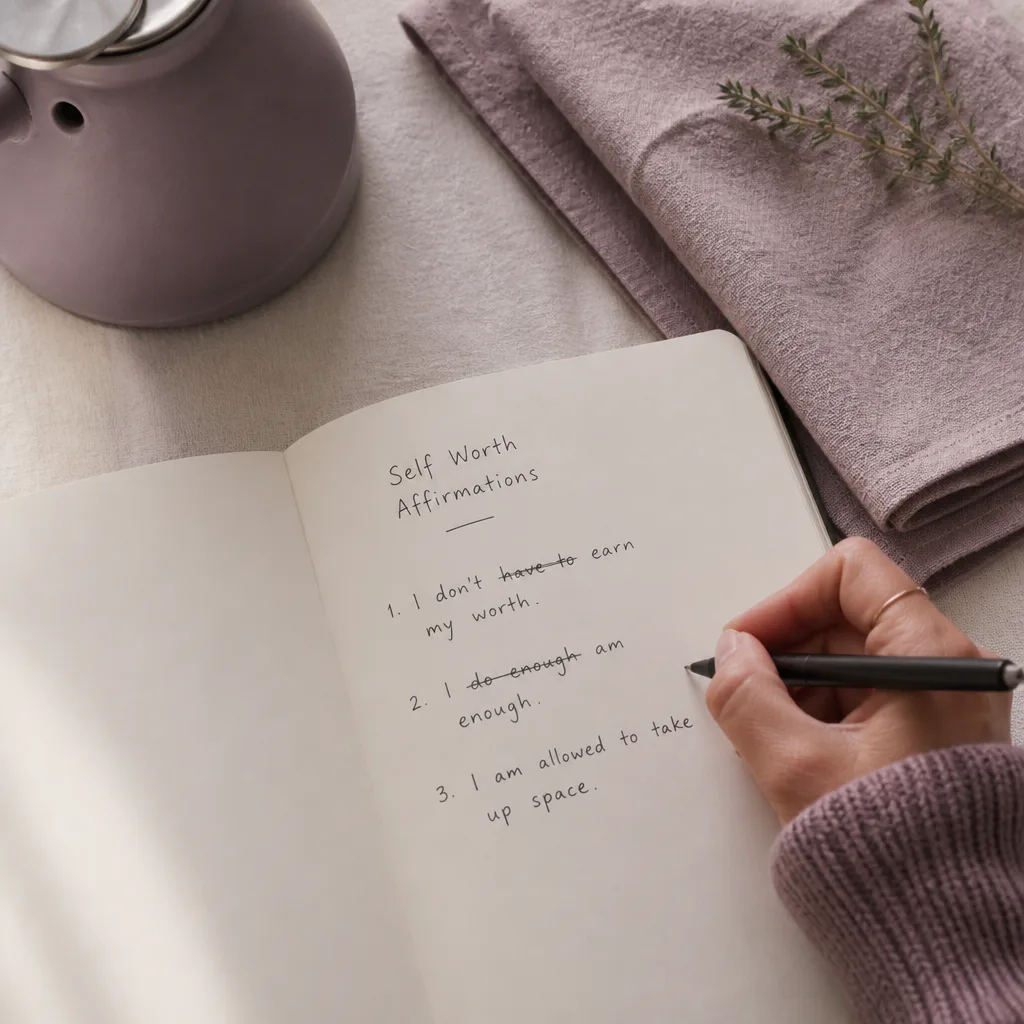 Hand writing affirmations beside tea and thyme
