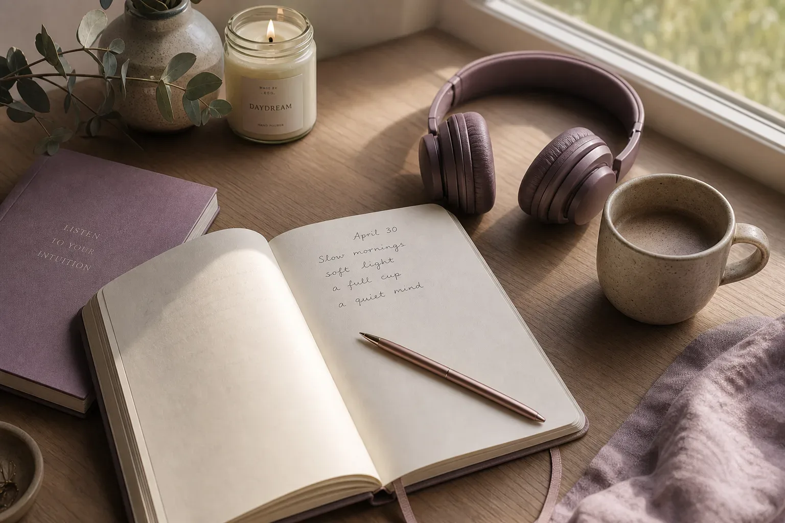 Open journal beside headphones in soft morning light