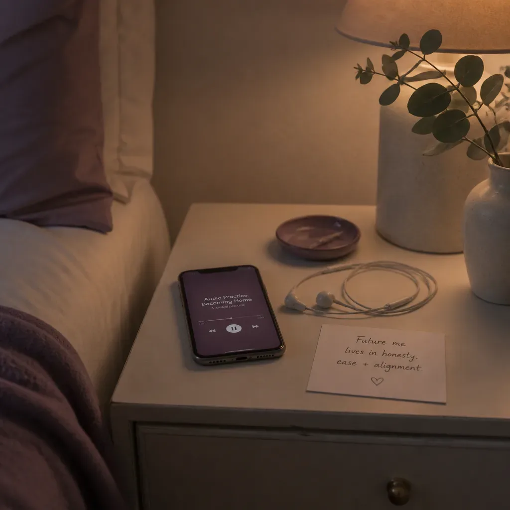 Phone playing future self audio at dusk