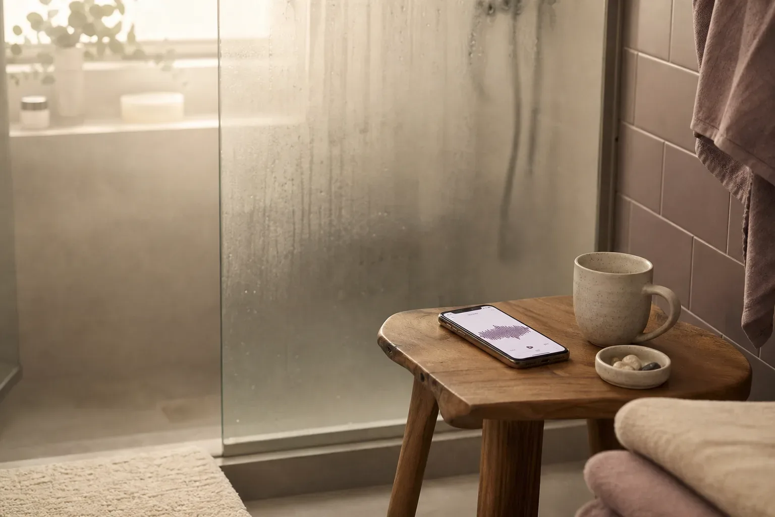 Steamy shower with phone resting safely nearby