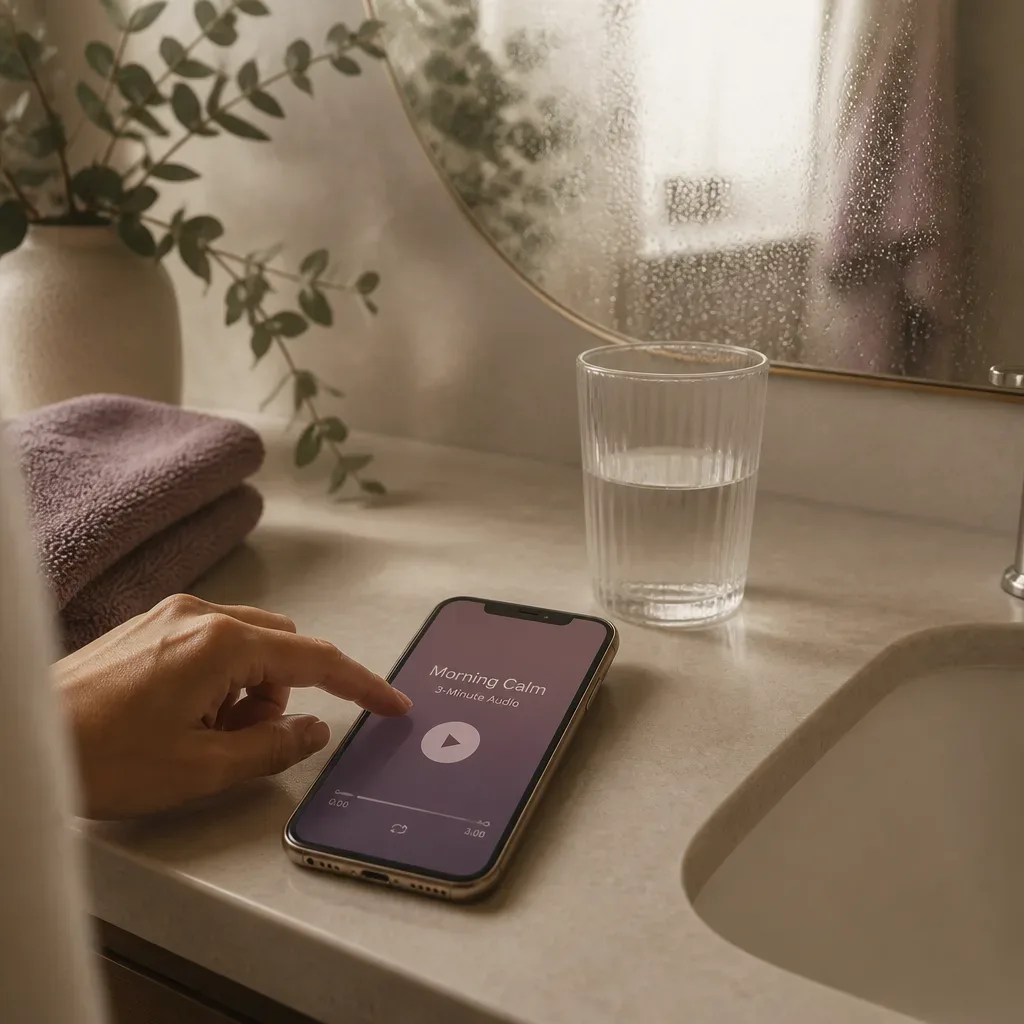 Phone playing audio on dry bathroom counter