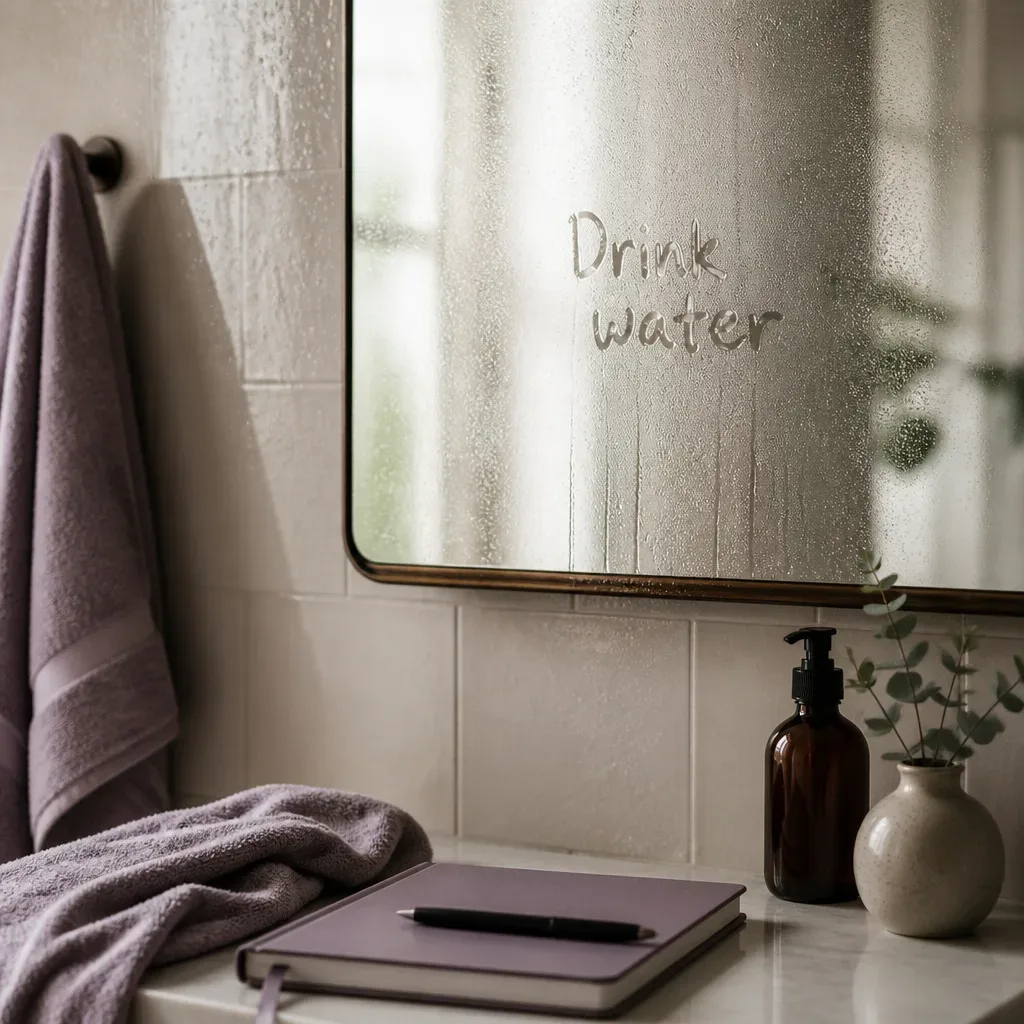 Intention written in steam on bathroom mirror