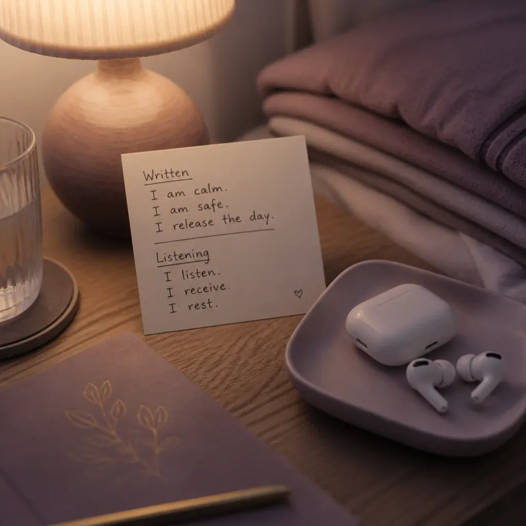 Bedside affirmations card beside earbuds and lamp