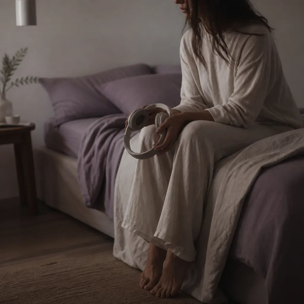Person holding headphones at the edge of bed