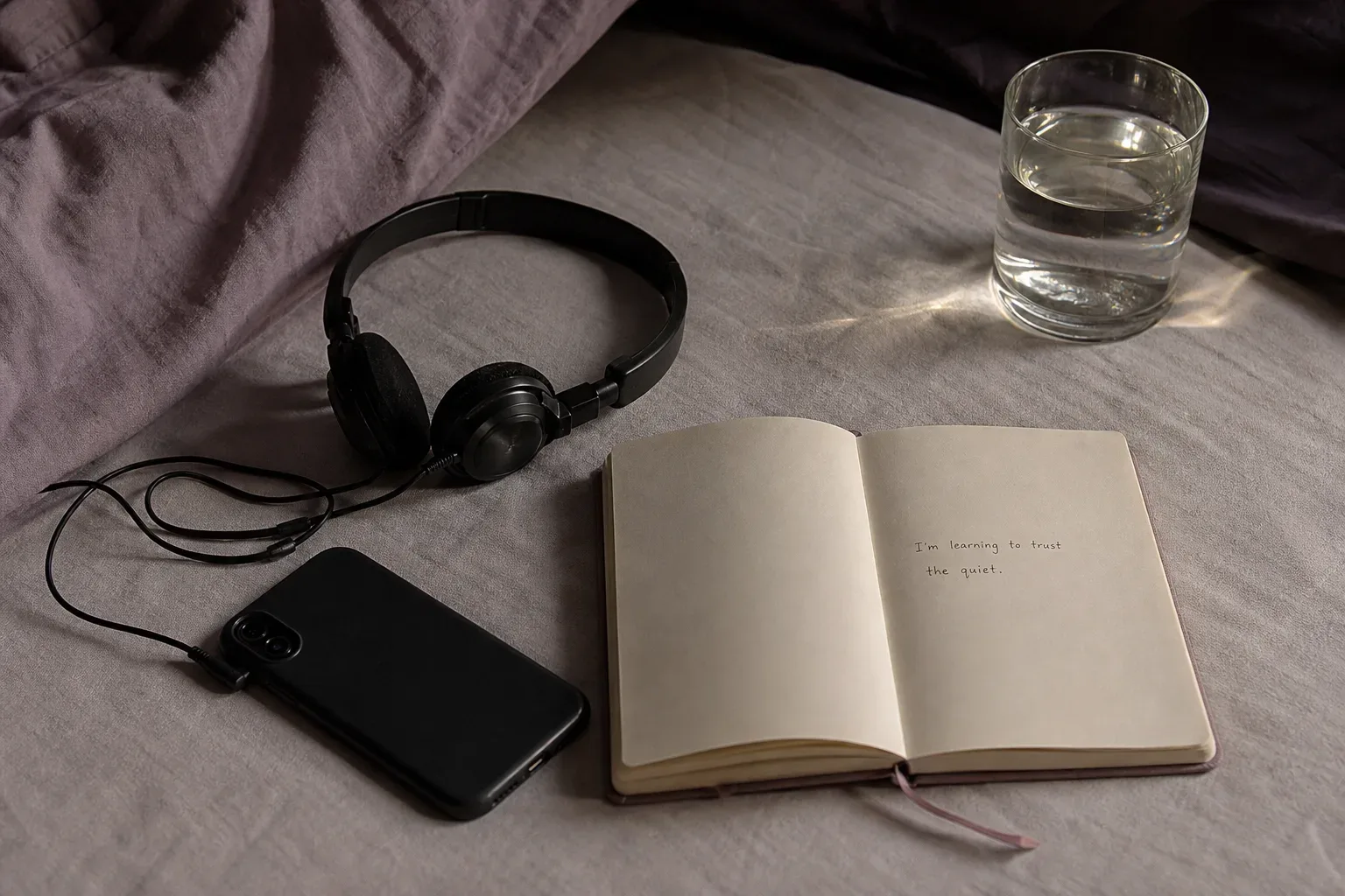 Bedside headphones beside a notebook in low light