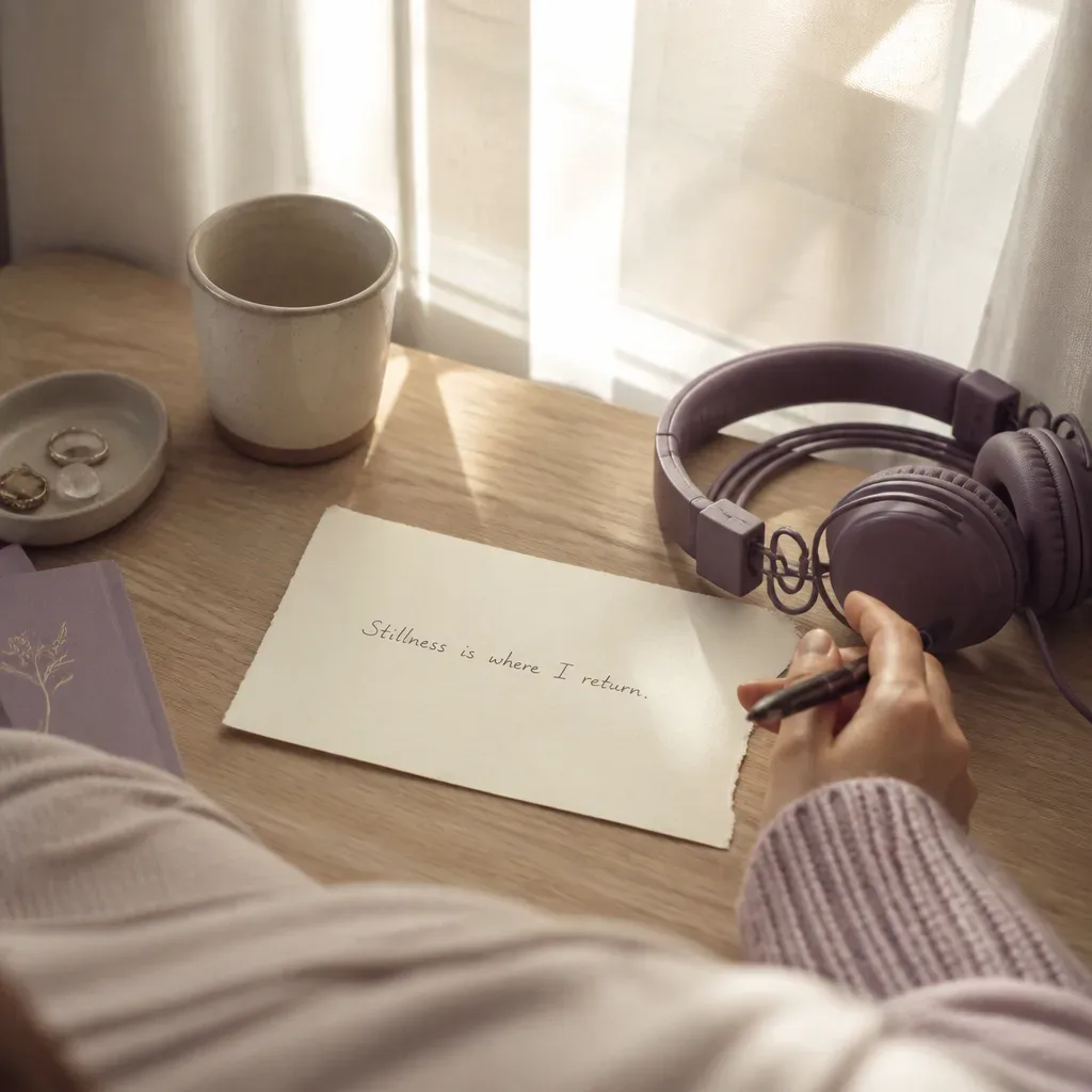 Morning note beside headphones and soft window light