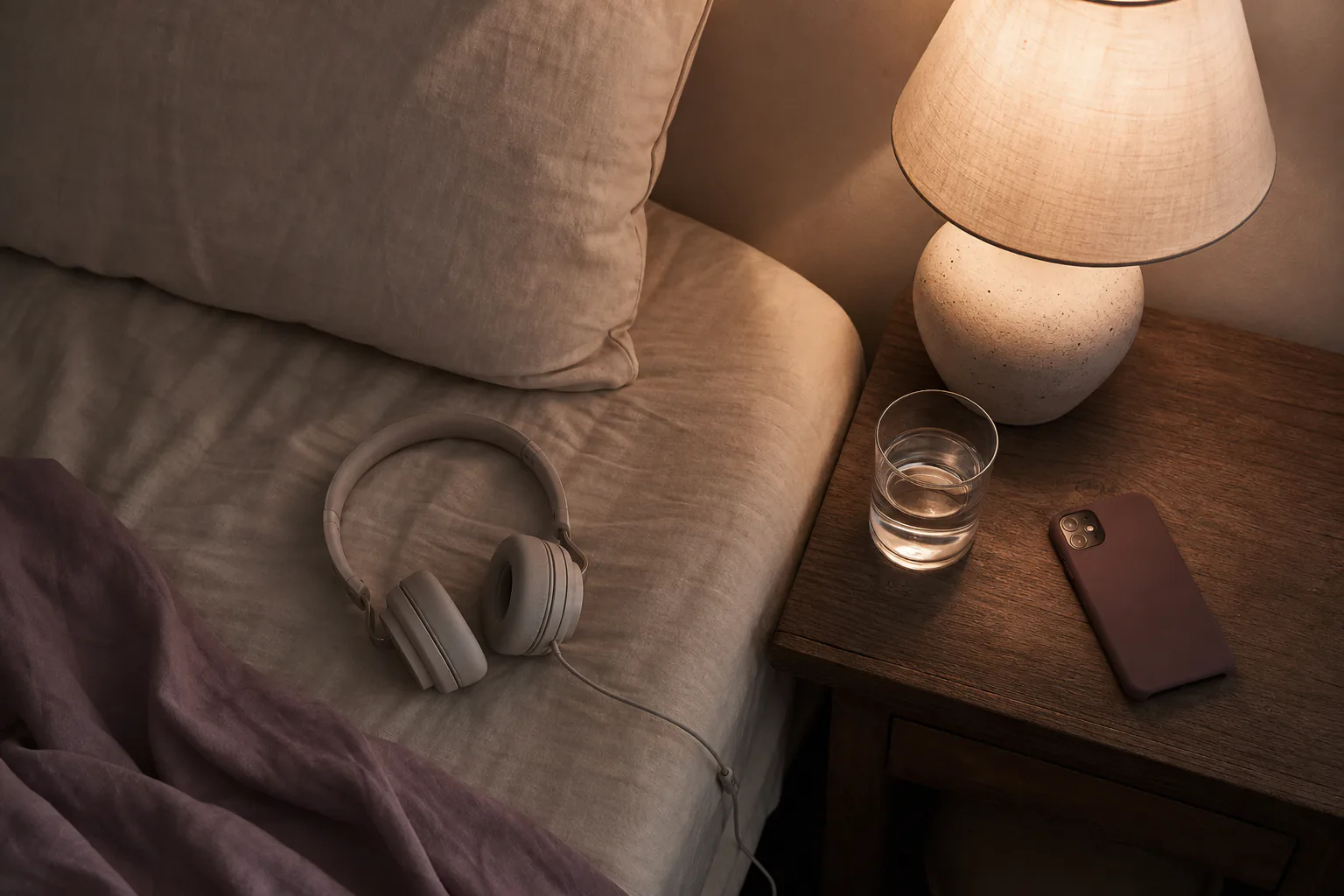 Bedside headphones beside a dim ceramic lamp