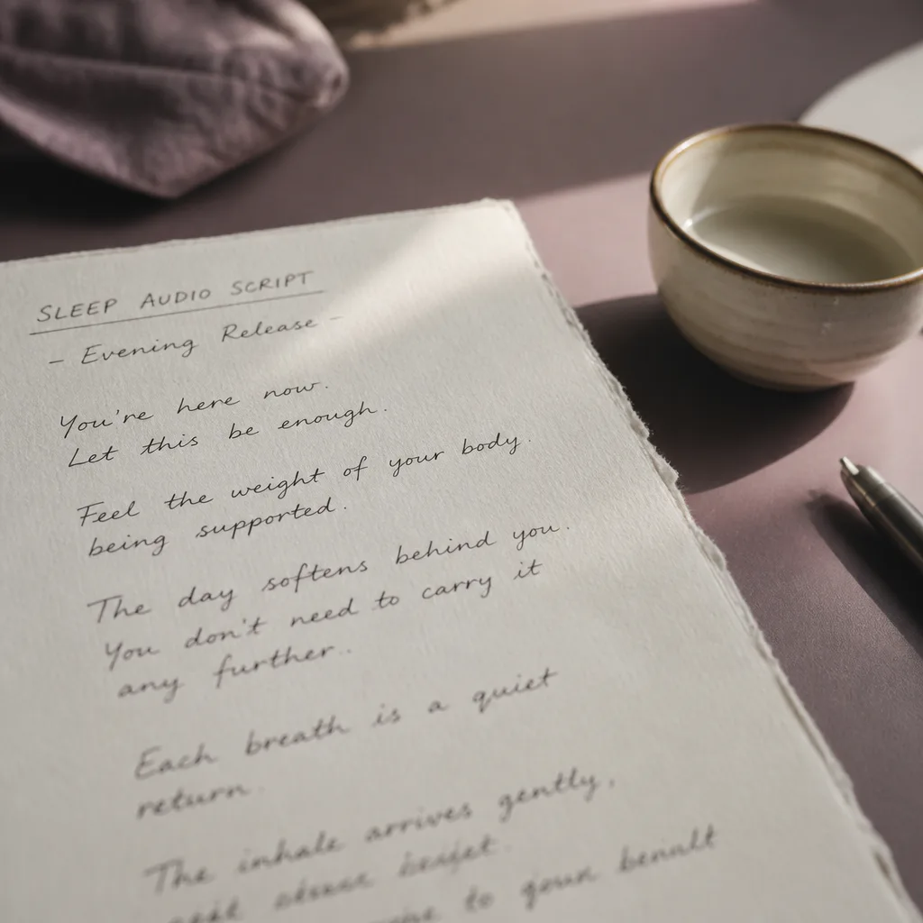 Handwritten sleep audio script beside ceramic bowl