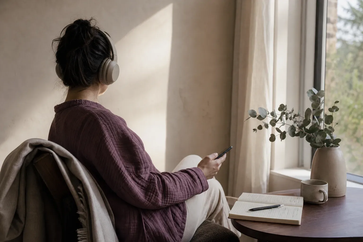 Person listening quietly beside a morning window