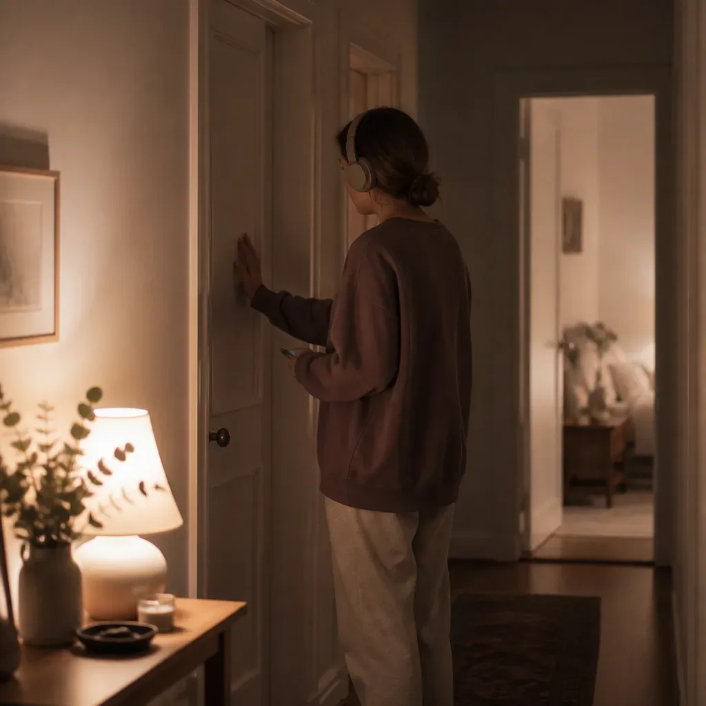 Person pausing with headphones in a hallway