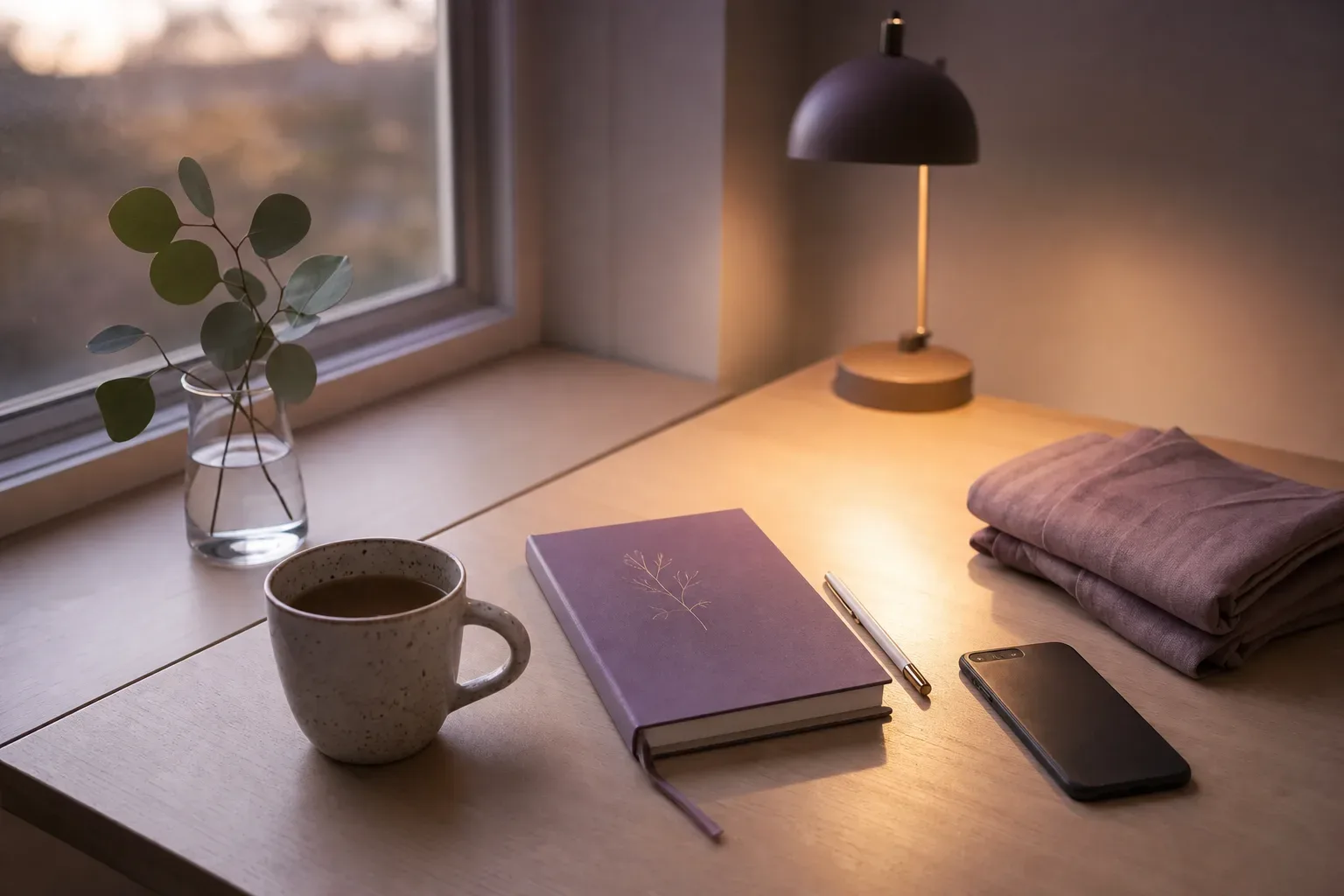 Quiet Sunday desk with candle and notebook