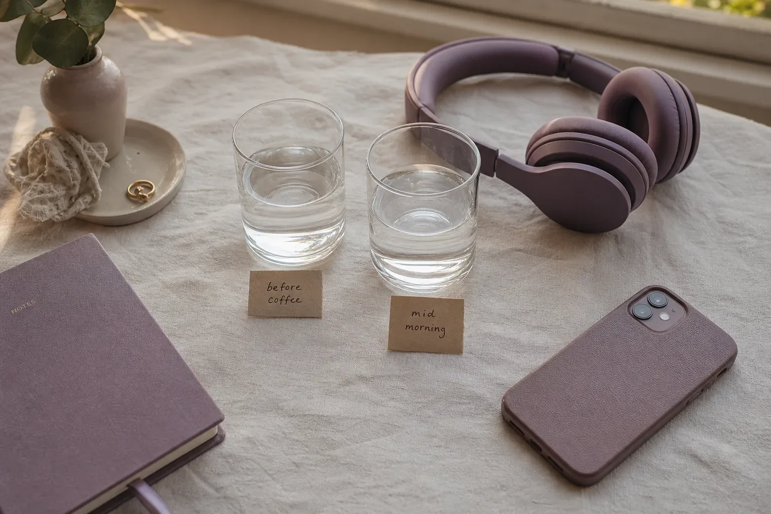 Two glasses of water beside headphones at dawn