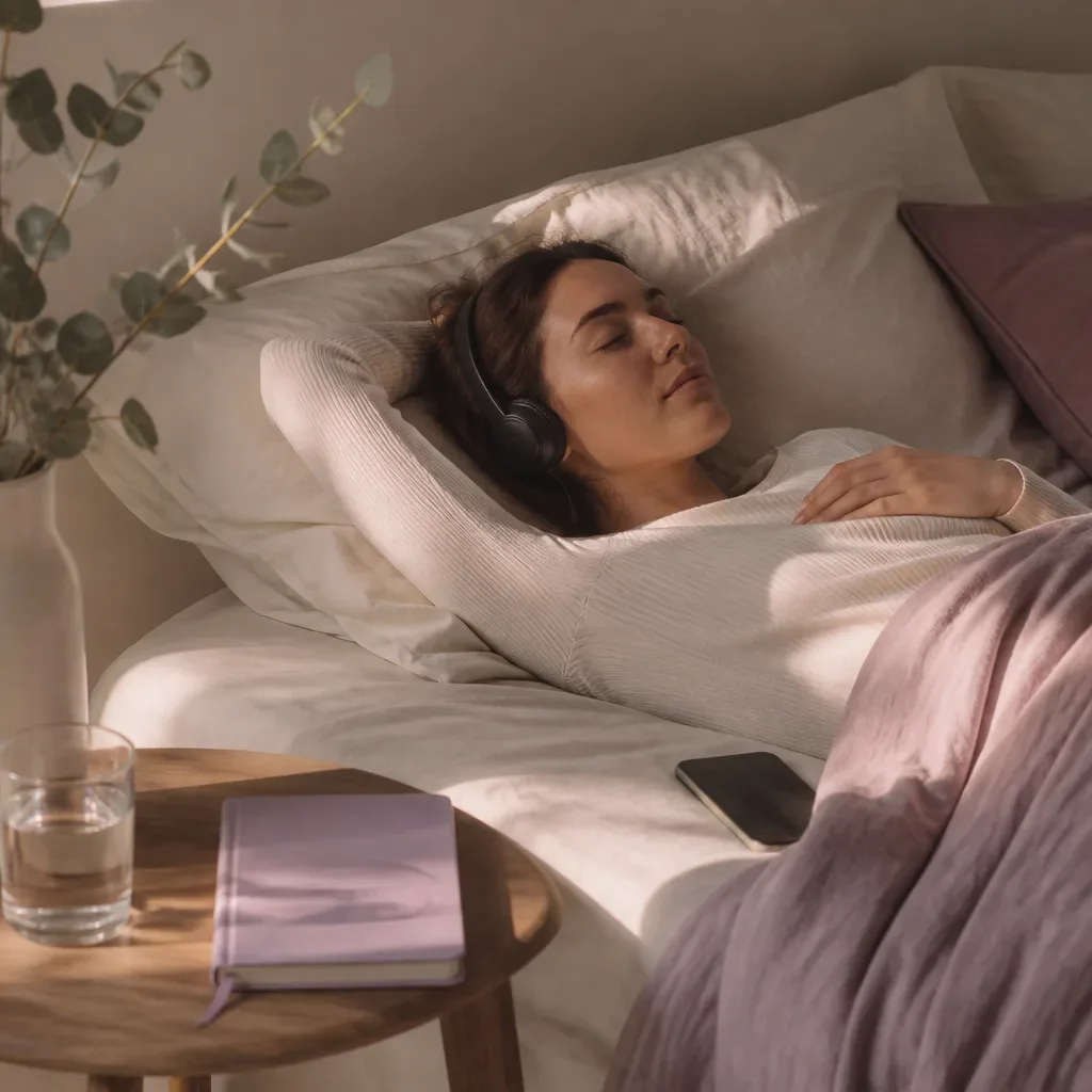 Person listening to future-self audio in bed