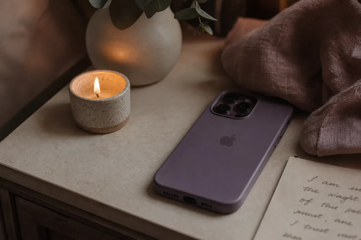 Phone beside candle during quiet evening practice