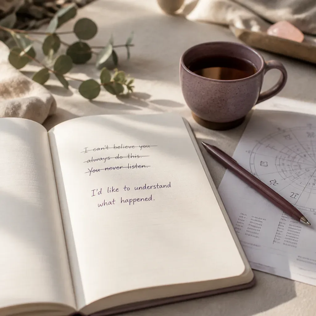 Notebook with unsent message and calmer rewrite