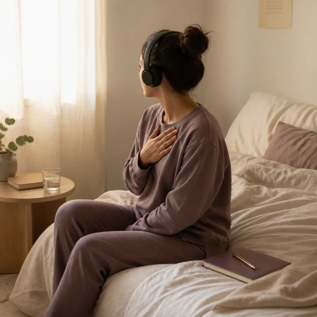 Person listening quietly before writing in notebook