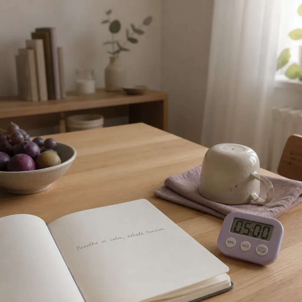 Notebook and clean cup on kitchen table
