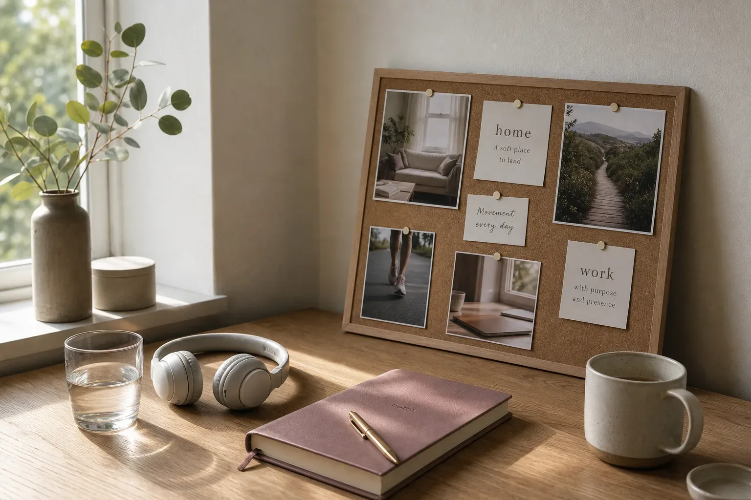 Quiet desk with vision board and headphones