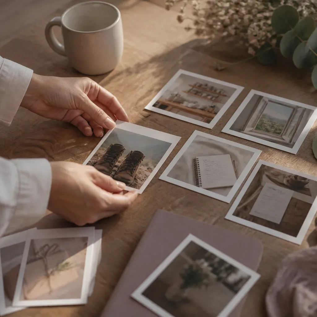 Hands sorting images for a quiet vision board