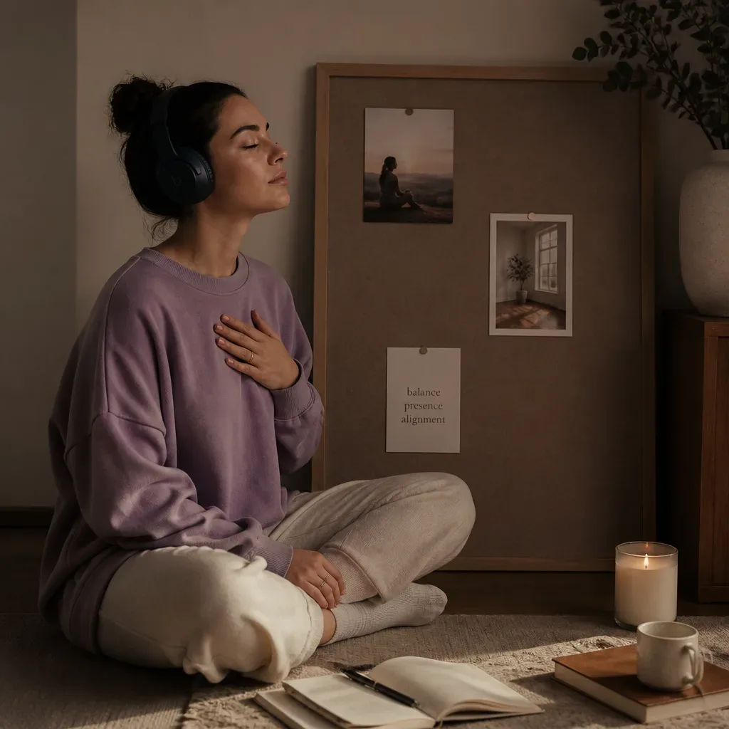 Person listening beside a simple vision board