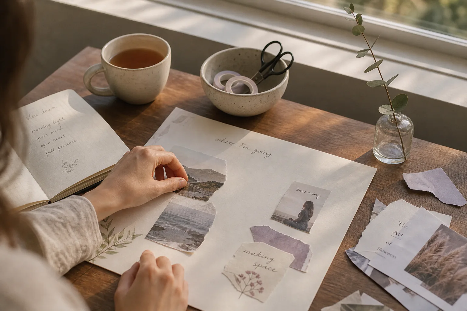 Quiet desk with clippings, tea, and soft morning light