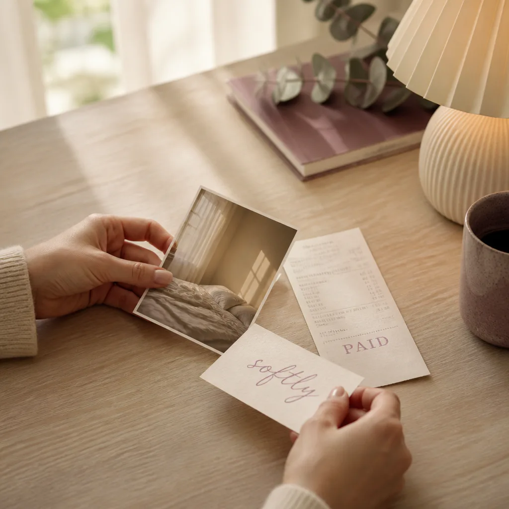 Hands choosing gentle images for a small vision board