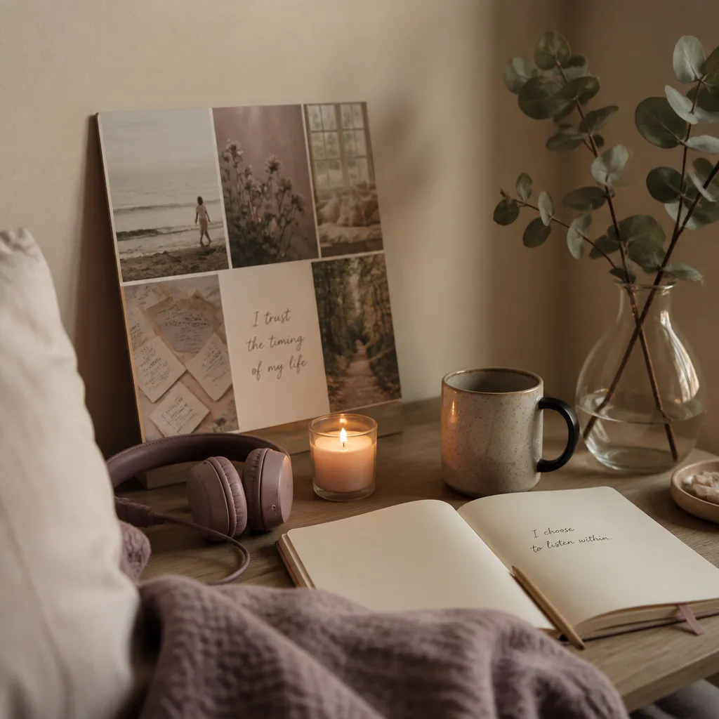Small private vision board beside headphones and notebook