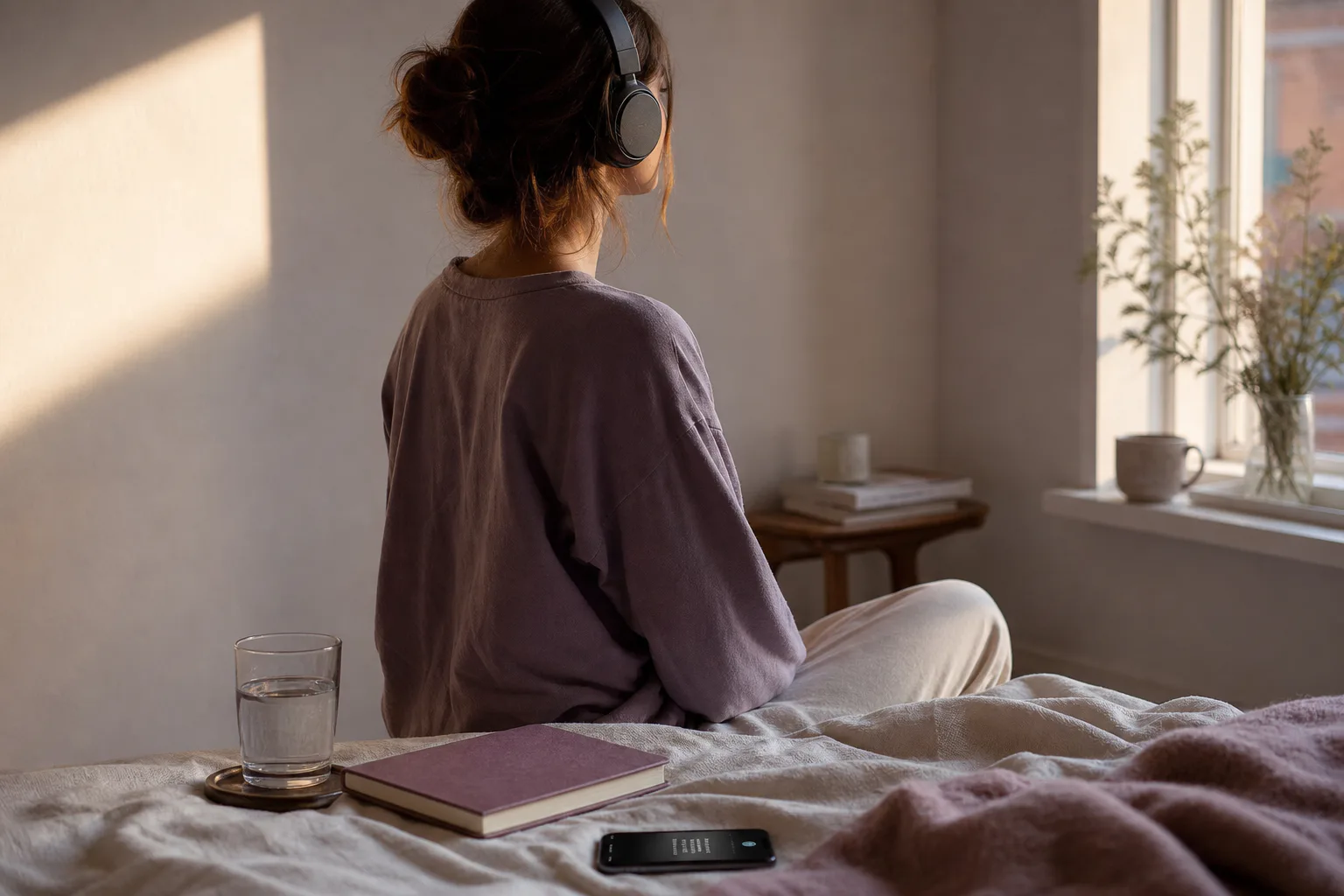 Person listening quietly beside a blank notebook