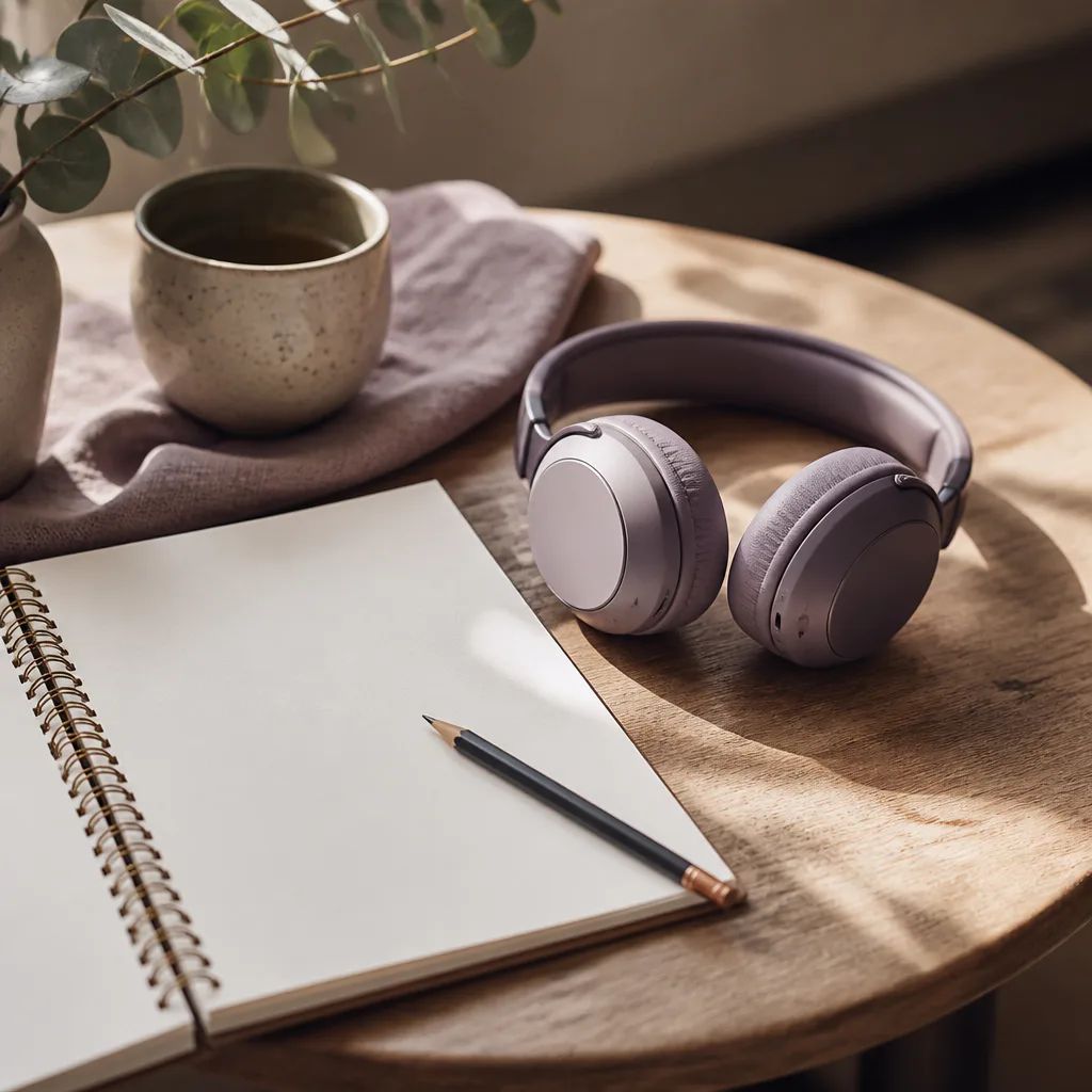 Headphones beside an empty notebook