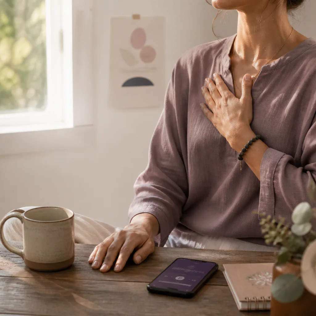 Person listening with one hand on chest
