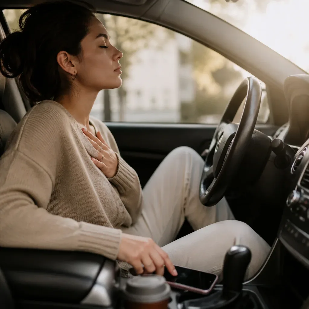 Person pausing in car before a decision