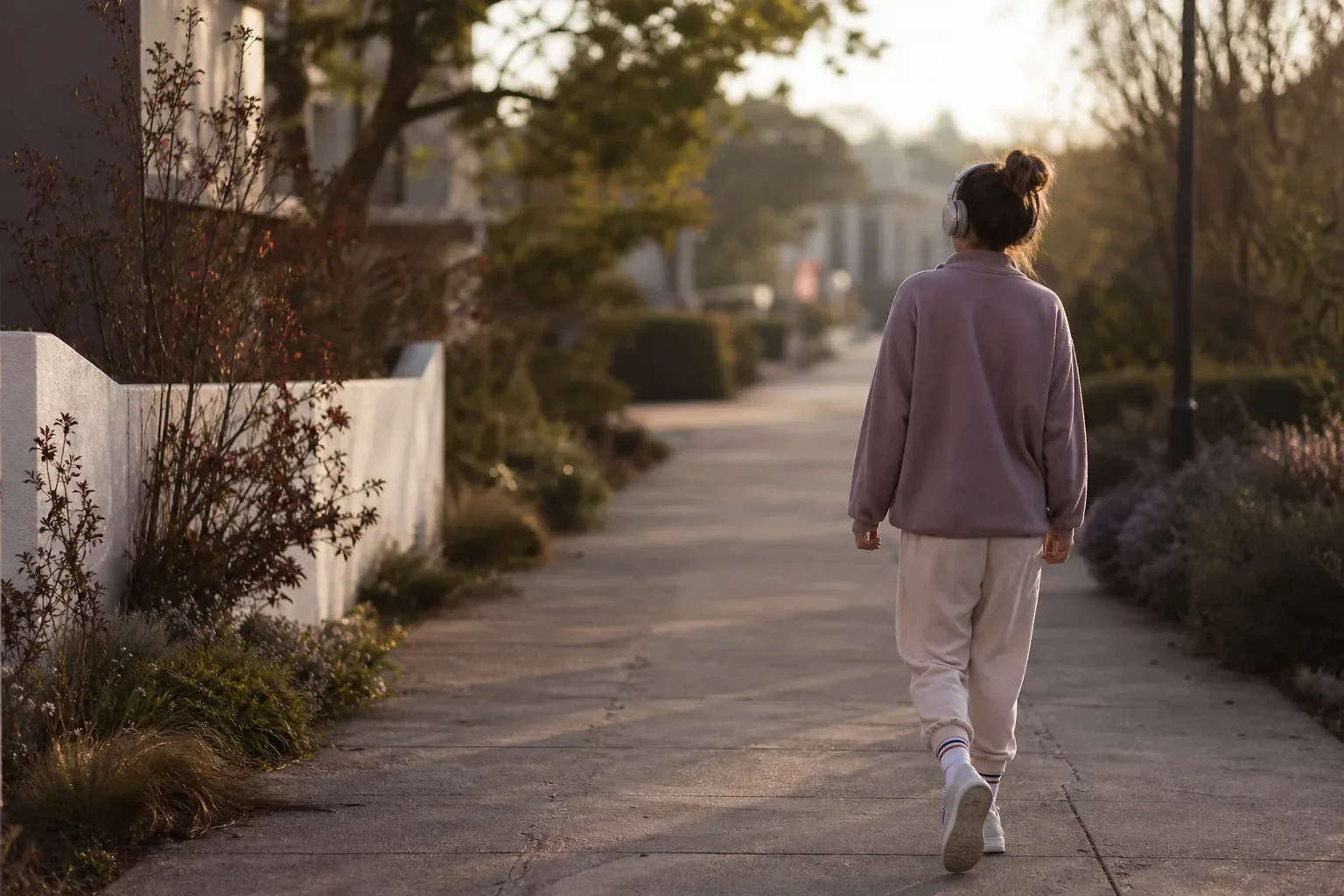 Person walking at dawn with headphones and soft light