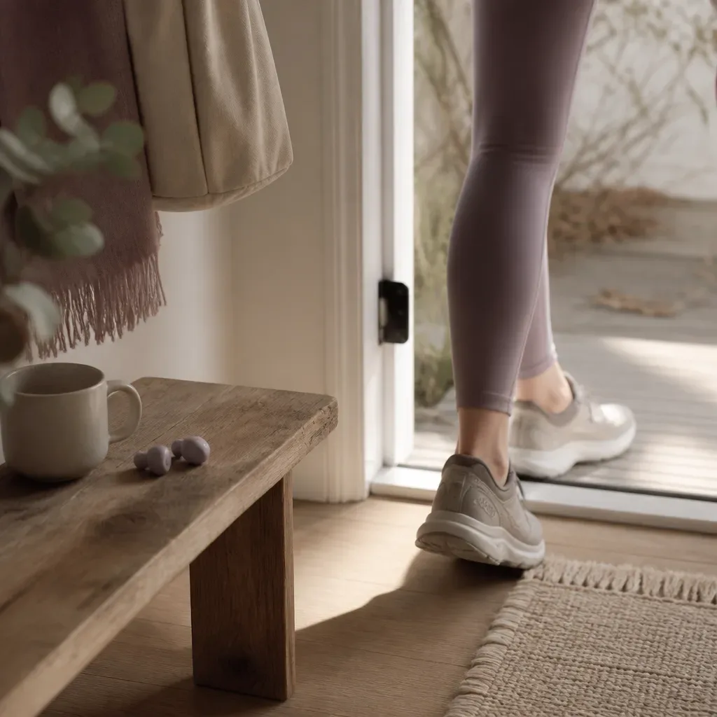 Walking shoes and earbuds beside a morning doorway