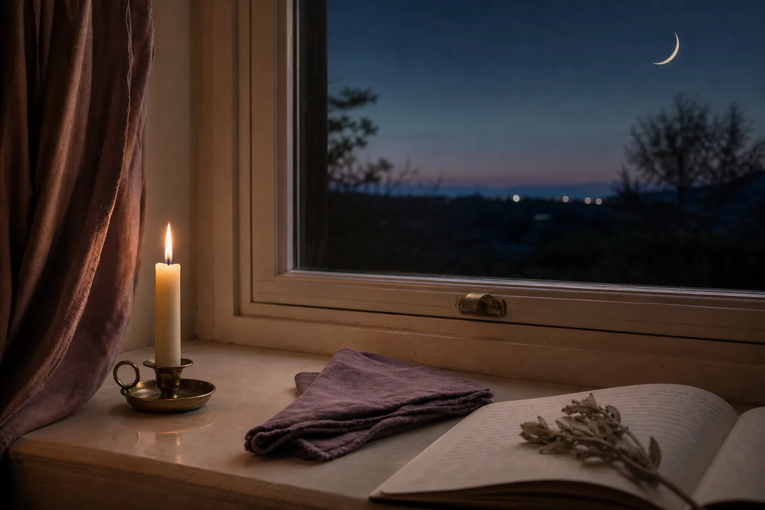 Crescent moon visible above a quiet windowsill at dusk with a single candle.