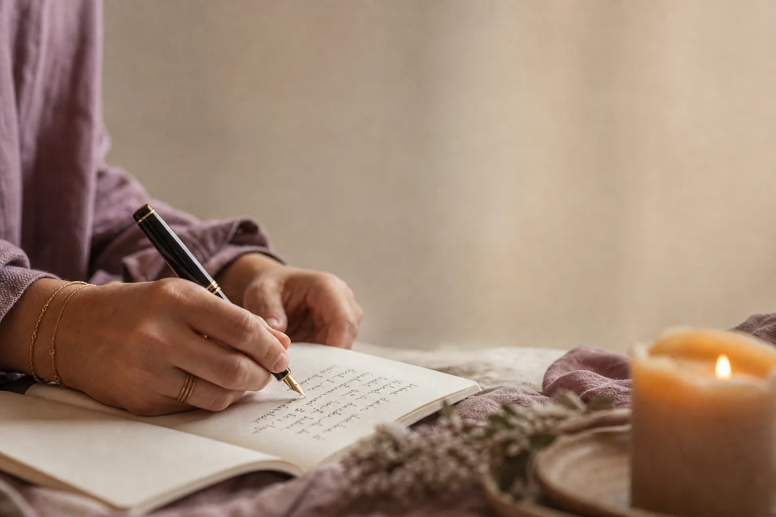 Hands writing in an open notebook by candlelight on a linen-covered table.